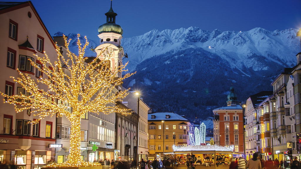 Christkindlmarkt-Maria-Theresien-Strasse Innsbruck Tirol Semester i Österrike