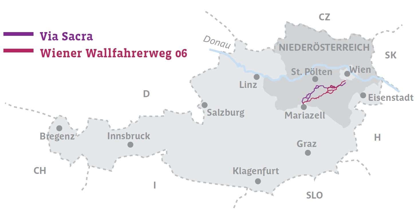Karta Pilgrimsvandringar Via Sacra Wiener Wallfahrerweg till Mariazell