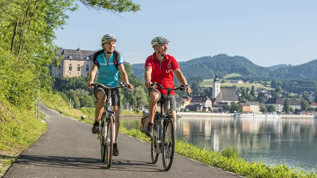 Båtcykling Donau Radweg vid slottet Greinburg Hyra cykel Alperna